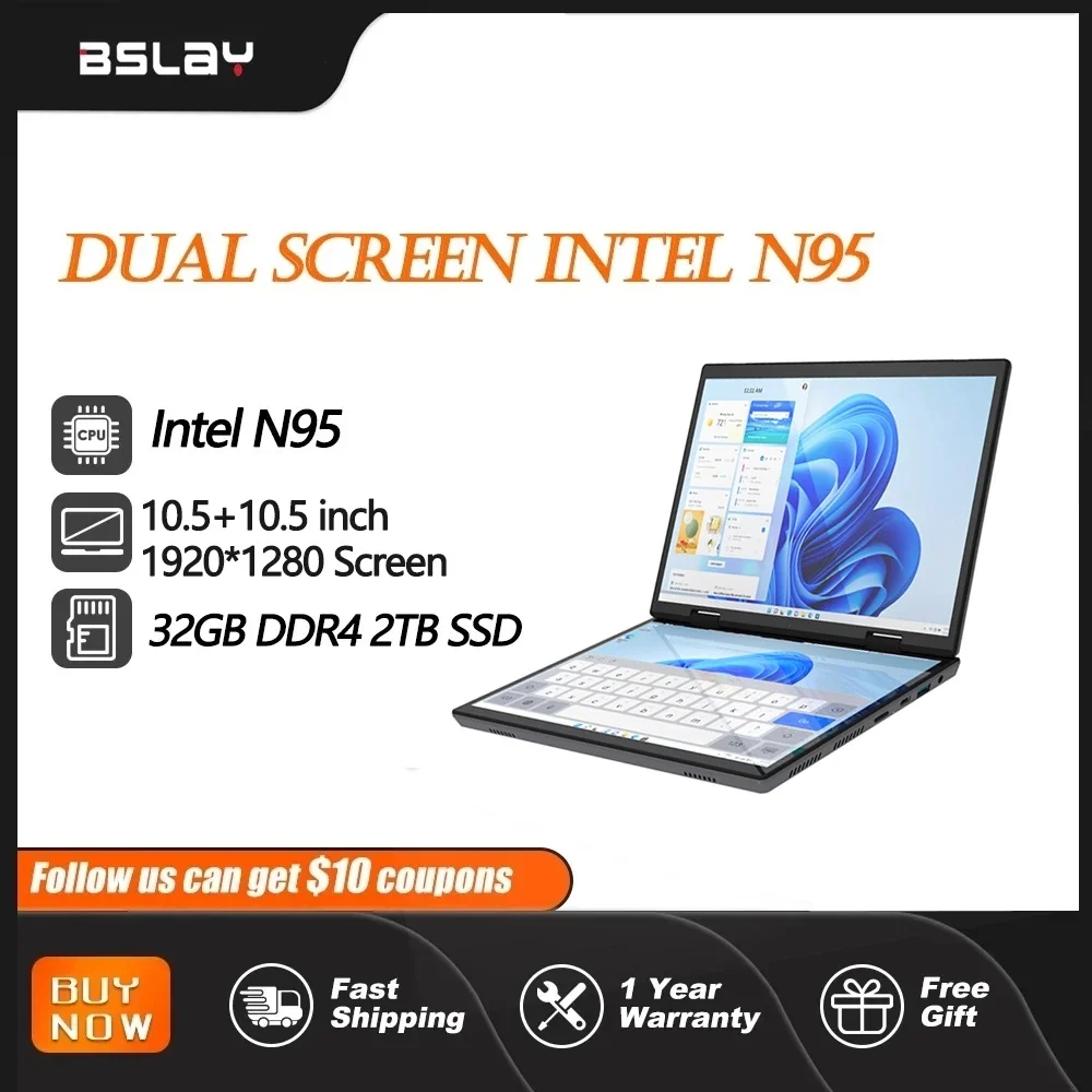 Ordenador portátil Intel 10,5 + 10,5 pulgadas N95, doble pantalla, cámara HD abatible de 360 °, 32GB, DDR4, 2TB, SSD, Windows 11Pro, ligero