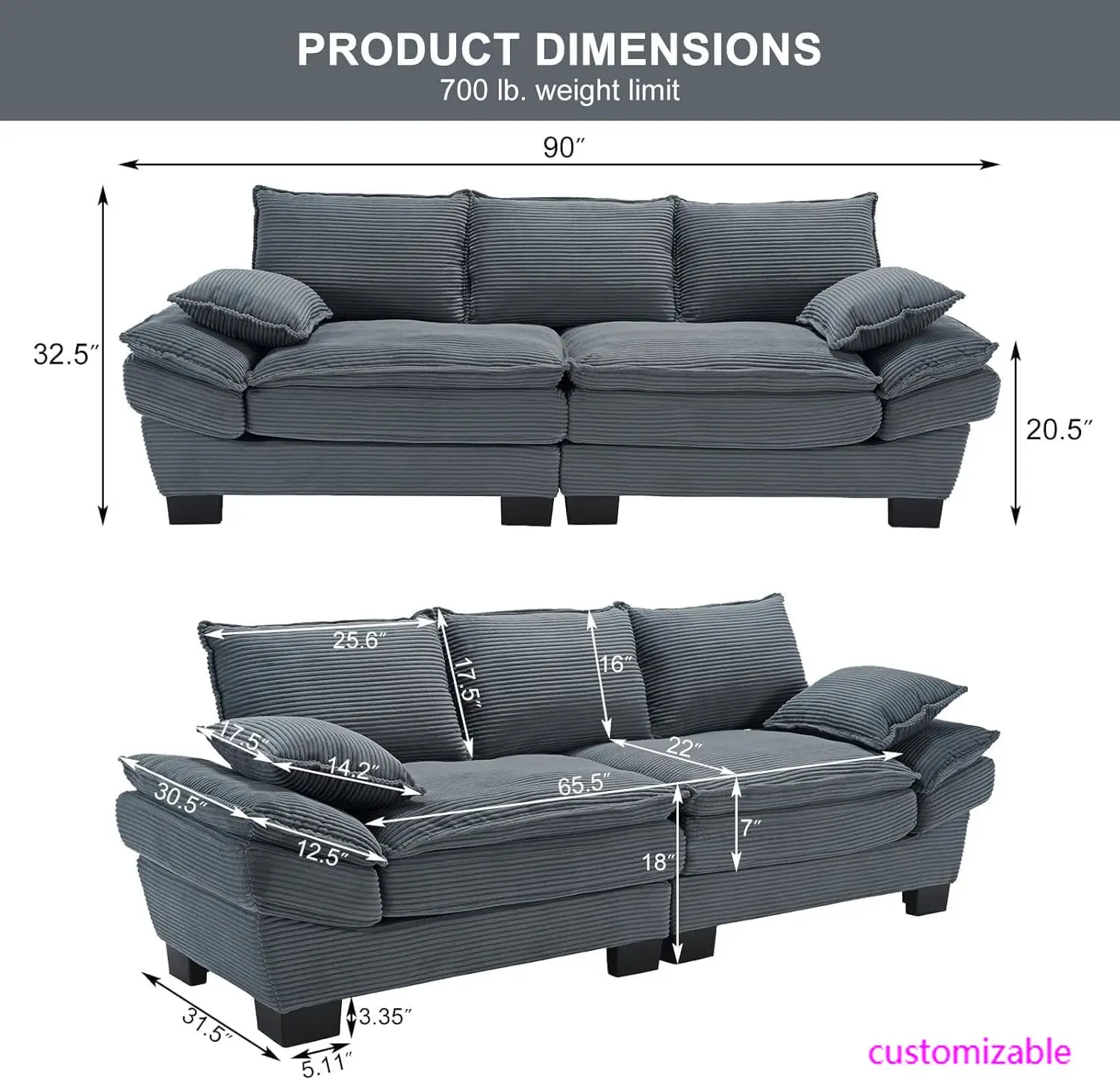 90" Oversized Loveseat Sofa Modern Corduroy Loveseat Couch Comfy Deep Seat