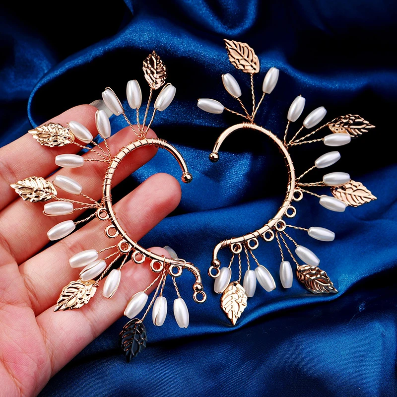 Handmade Bead Ear Bone Clip Gold Color Leaf Earrings for Women Bride Wedding Party Fashion Ear Accessories 1 pair
