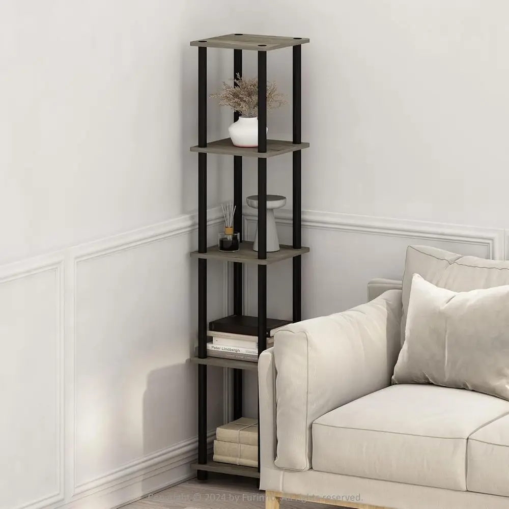 FURINNO 5-Tier Corner Square Rack, Round Design, French Oak Grey/Black Finish