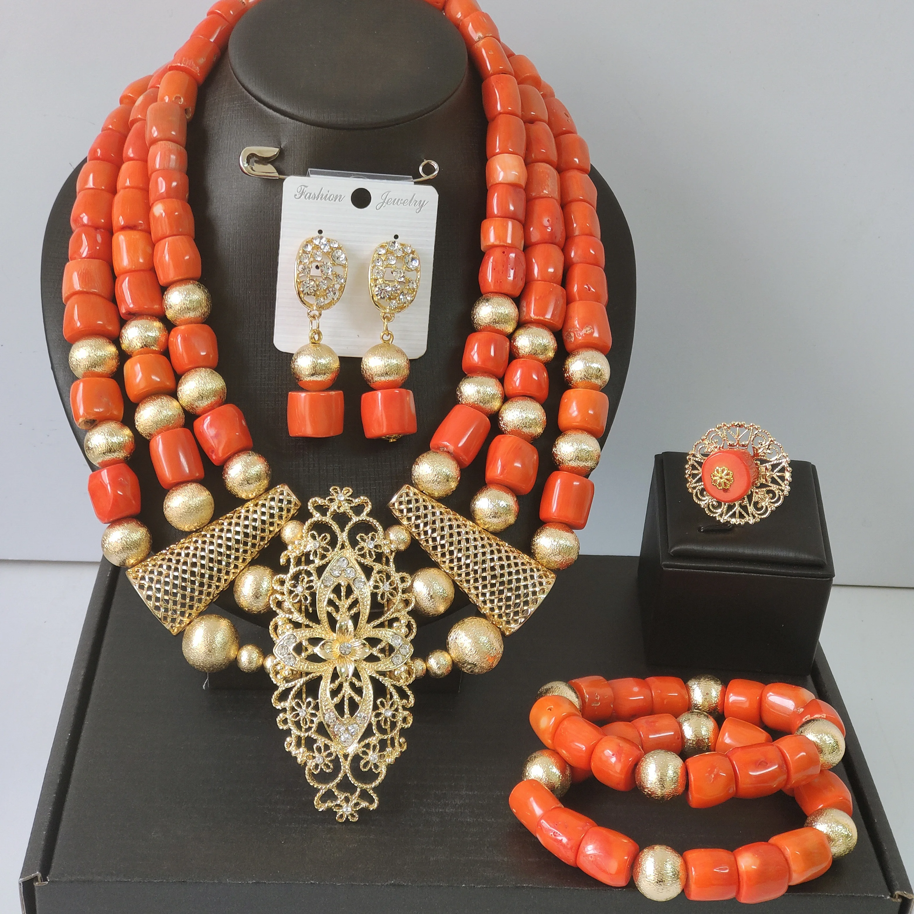 

Nigerian Coral Bead Jewelry Set Real