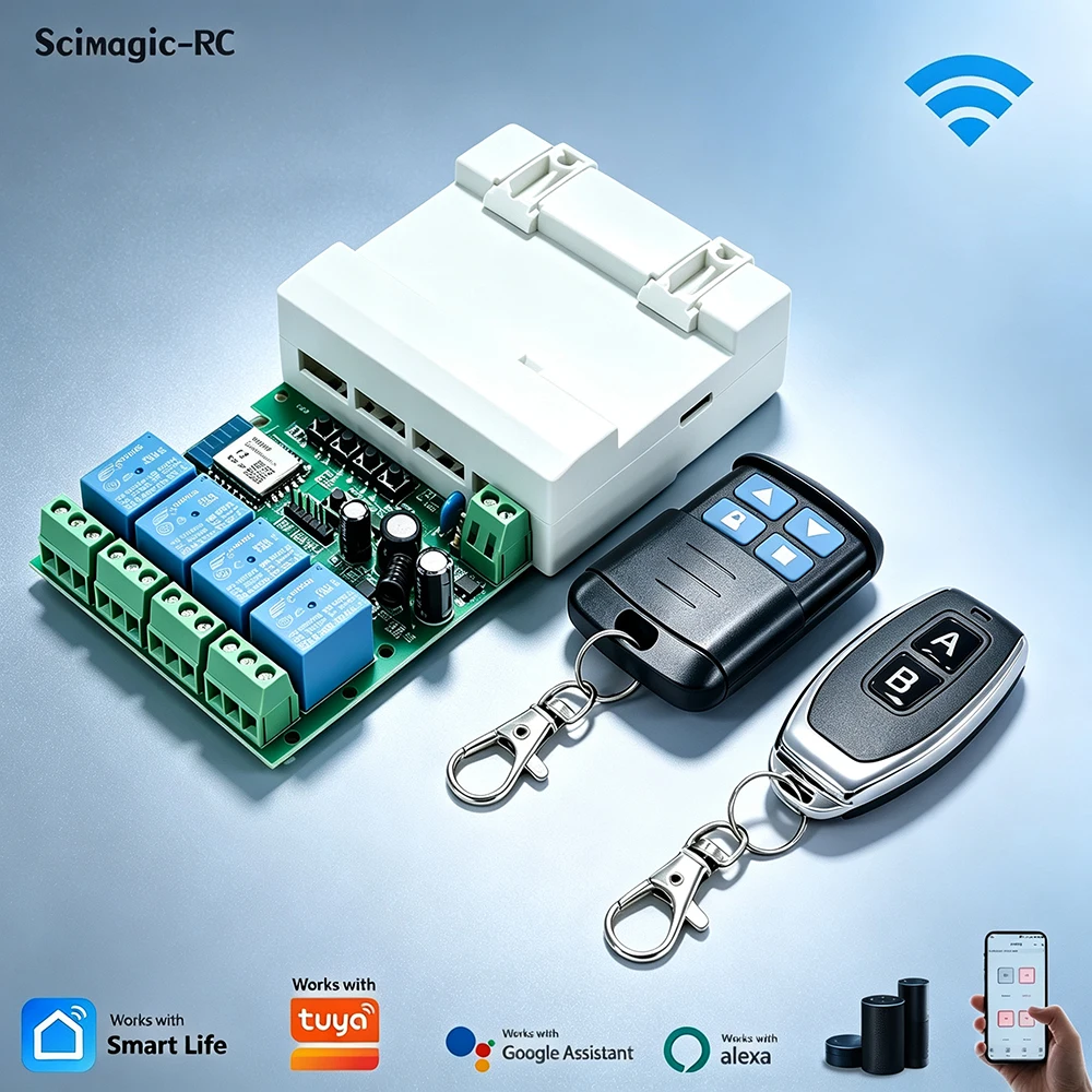 4CH Din Rail Dry Contact Output Smart Relay Module RF433 for Curtain Motor WiFi Remote Control Controller Works with Tuya Alexa