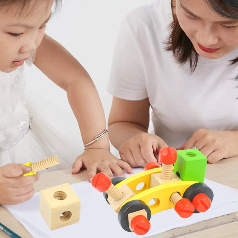 Boîte à outils en bois en plastique pour enfants, ensemble de jeu de simulation, assemblage d'écrou et de vis, outil de charpentier de simulation, jouets Montessori, dos