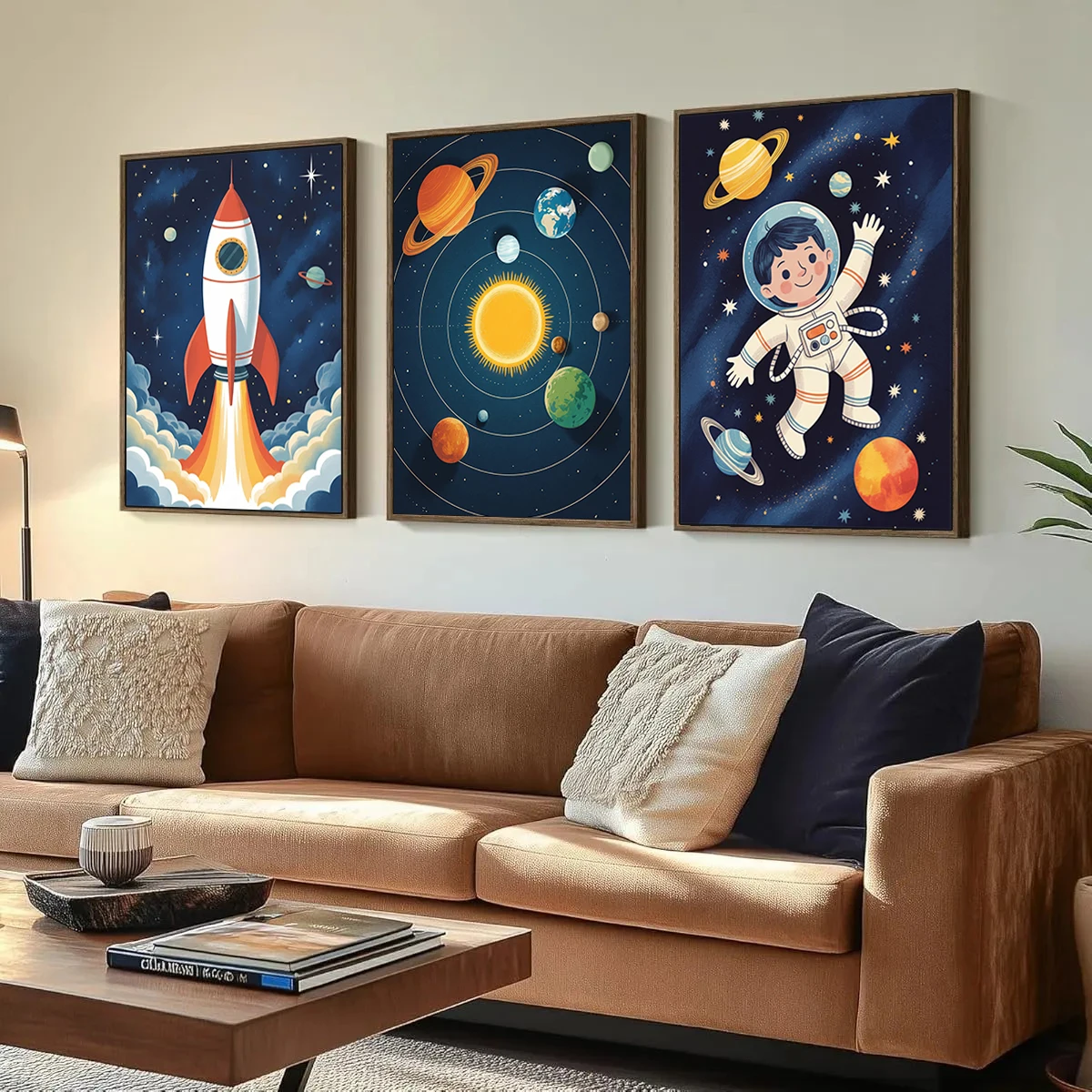 Cartoon Space Solar System Canvas Wall Art Set Colorful Rocket Astronaut Planet Print Poster Boys Themed Nursery Playroom Decor