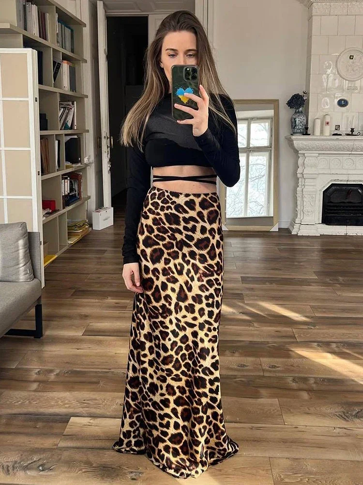 Foridol High Waist Leopard Print Trumpet Maxi Skirt Women Spring Summer Long Satin Skirt Faldas Mujer 2025 Side Zip Party Skirt