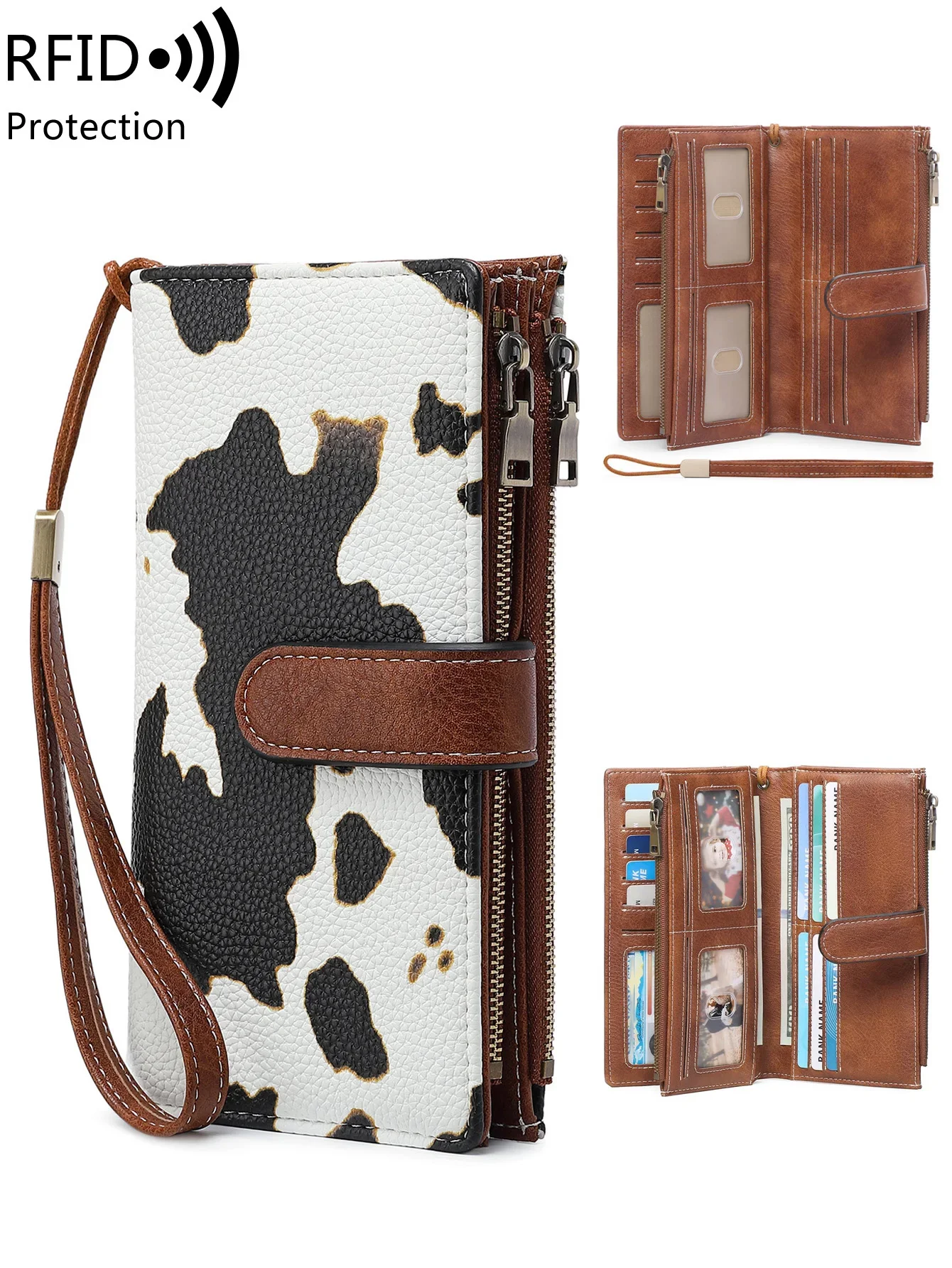 

Anti-theft Trifold Ladies LongWallet Retro Multi-function Double Zipper Clutch Bag Multi-card Slot Coin Purse with Wristband
