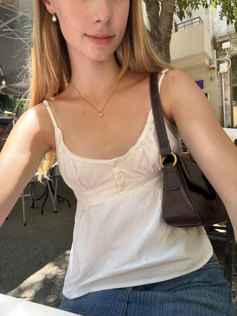 Lace Trim White Slim Tank Top Woman Summer Three Buttons Elastic Waist Cotton Camisole Vintage Streetwear Sweet Crop Tops Y2k