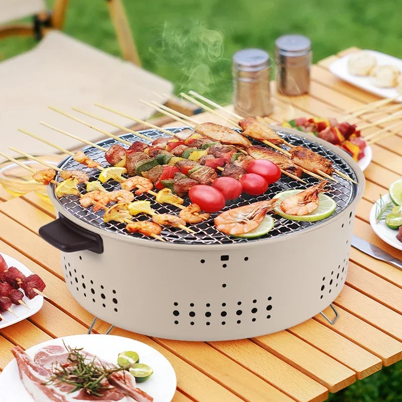 New Outdoor Smokeless Round Grill Small Stove Charcoal Grill Portable Korean Style Camping Barbecue Tabletop Stove