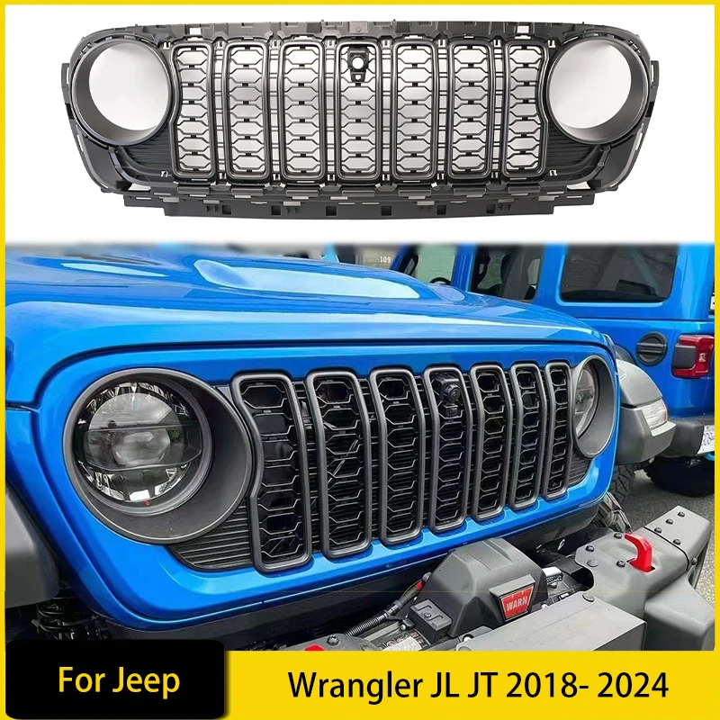 Front Bumper Mesh Grille for Jeep Wrangler JL JT 2018- 2024 with Camera Hole Car Accessories Air Intake Grille Body Kit