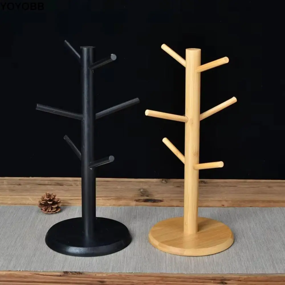 

6 Hooks Bamboo Coffee Cup Holder Thickened Base Tree Shape Coffee Cup Rack Sturdy Design Wood Material Cup Storage Holder