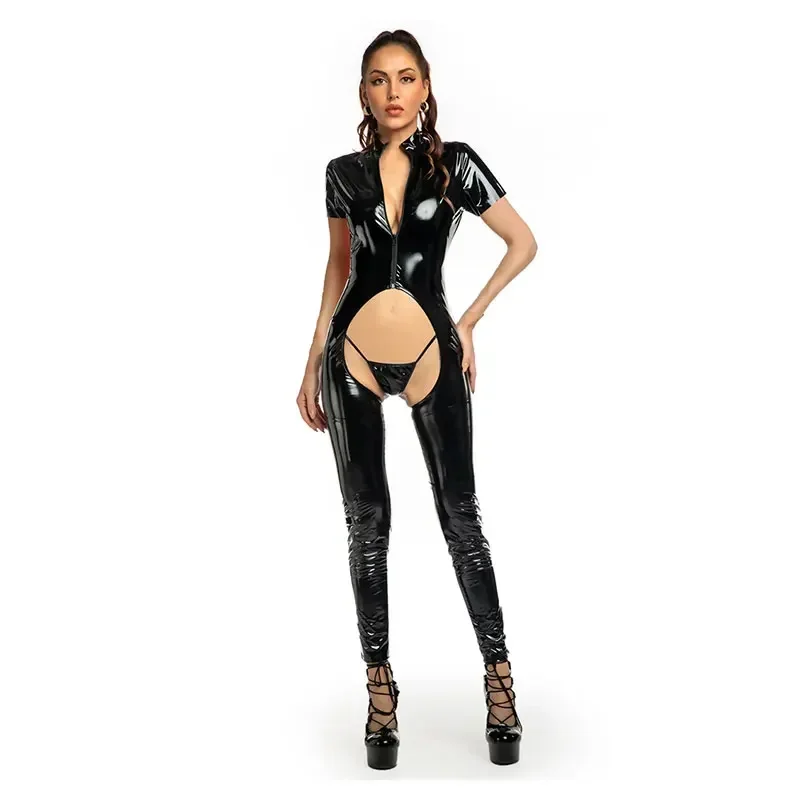 المرأة سستة مفتوحة المنشعب لامعة جلدية Catsuit لامعة جلدية كامل ارتداءها الجوف خارج تظهر الوركين الشبقية مفتوحة المنشعب زي #1