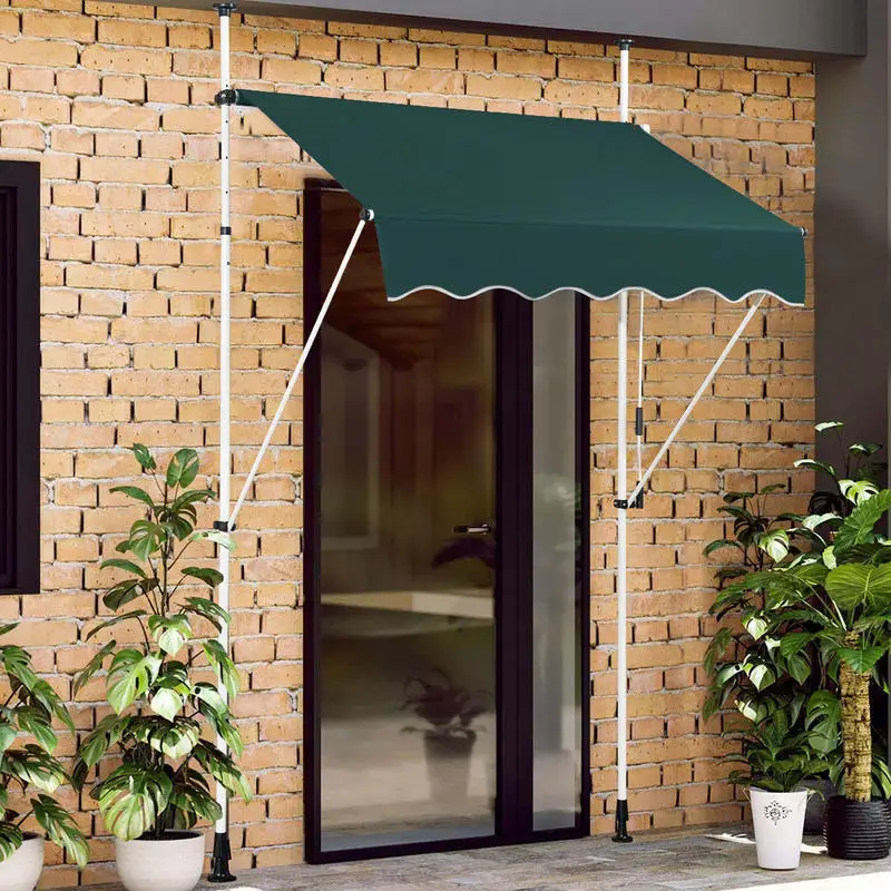 Manuell einziehbare Markise 150x125CM, höhenverstellbar 2-3M, ohne Bohren, Metall und Stoff, für Fenster, Balkon oder Garten, Grün