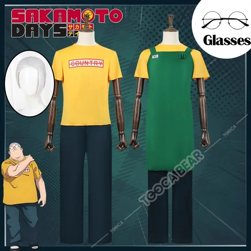 Taro Sakamoto Cosplay Costume Wig Anime Sakamoto Days Lu Shaotang Yellow T-shirt Pants Apron Glasses Halloween Party Women Men