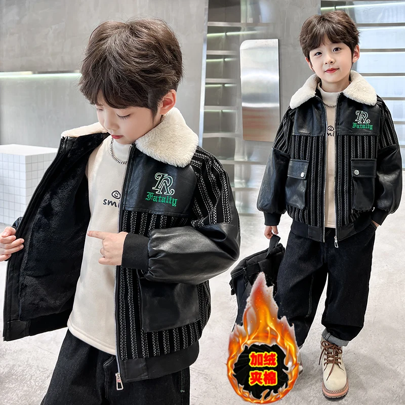 سترة خريف وشتاء وسيم للأطفال مع معطف جلد دافئ سميك عالي الجودة؛ 4-15 سنة #2