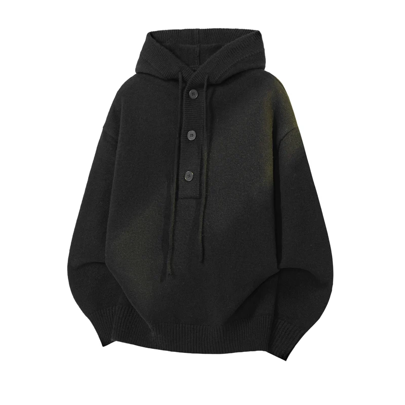 Solid Color Single Button Semi-open Drawstring Hoodie Sweater, Long Sleeve Loose Knit Top for Spring Autumn Casual Streetwear