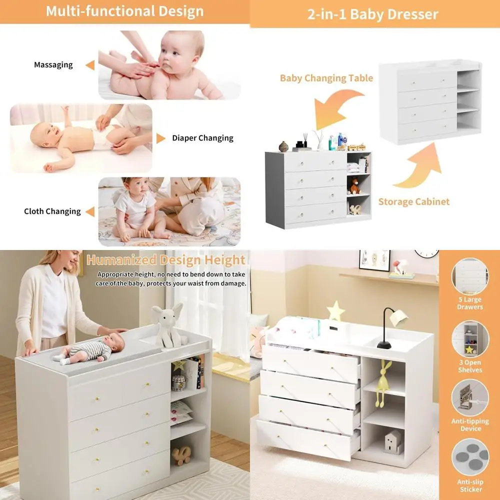 

Комод для детской комнаты белого цвета с 5 ящиками, 3-ярусными открытыми полками, пеленальным столиком и местом для хранения