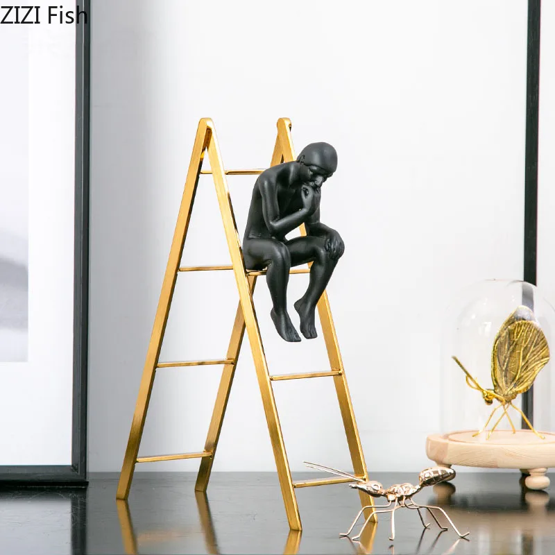 Golden Ladder Thinker Portrait Statue Desk Decor Ornaments Abstract Figures Figurines Crafts Decorative Figurines Home Decor