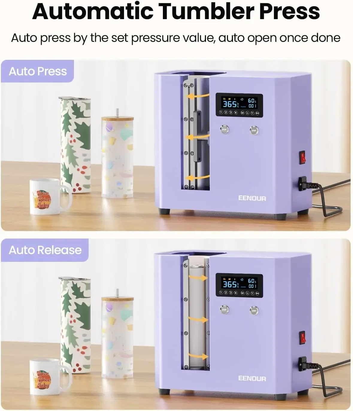 EENOUR Auto Tumbler Heat Press Machine - Seamless Automatic Rotation Full Print Heat Press with Pressure Setting, 4 Memory Modes