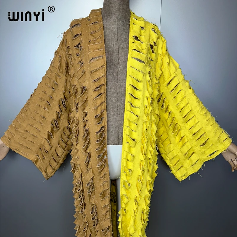 Winyi moda africana cardigan para as mulheres novo 2024 solto casaco oco denim longo para baixo casaco maiô cobrir verão quimono