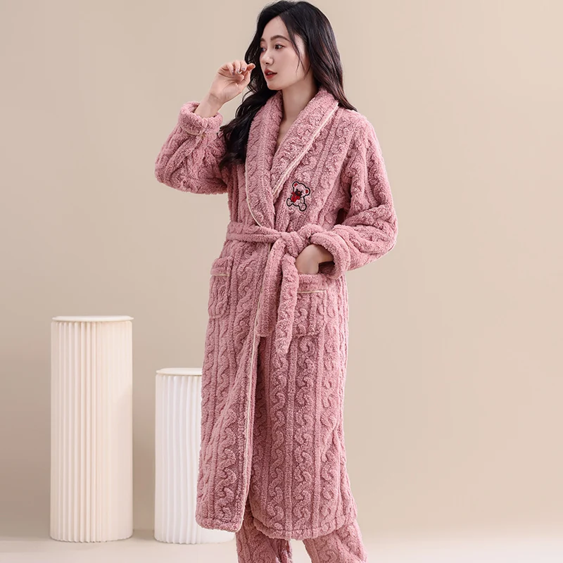 Winter Jacquard Flannel Sleepwear With Belt Robe+Pants 2PC Warm Women Pajamas Coral Fleece Robes Set Full Sleeve Female Homewear - Image 5