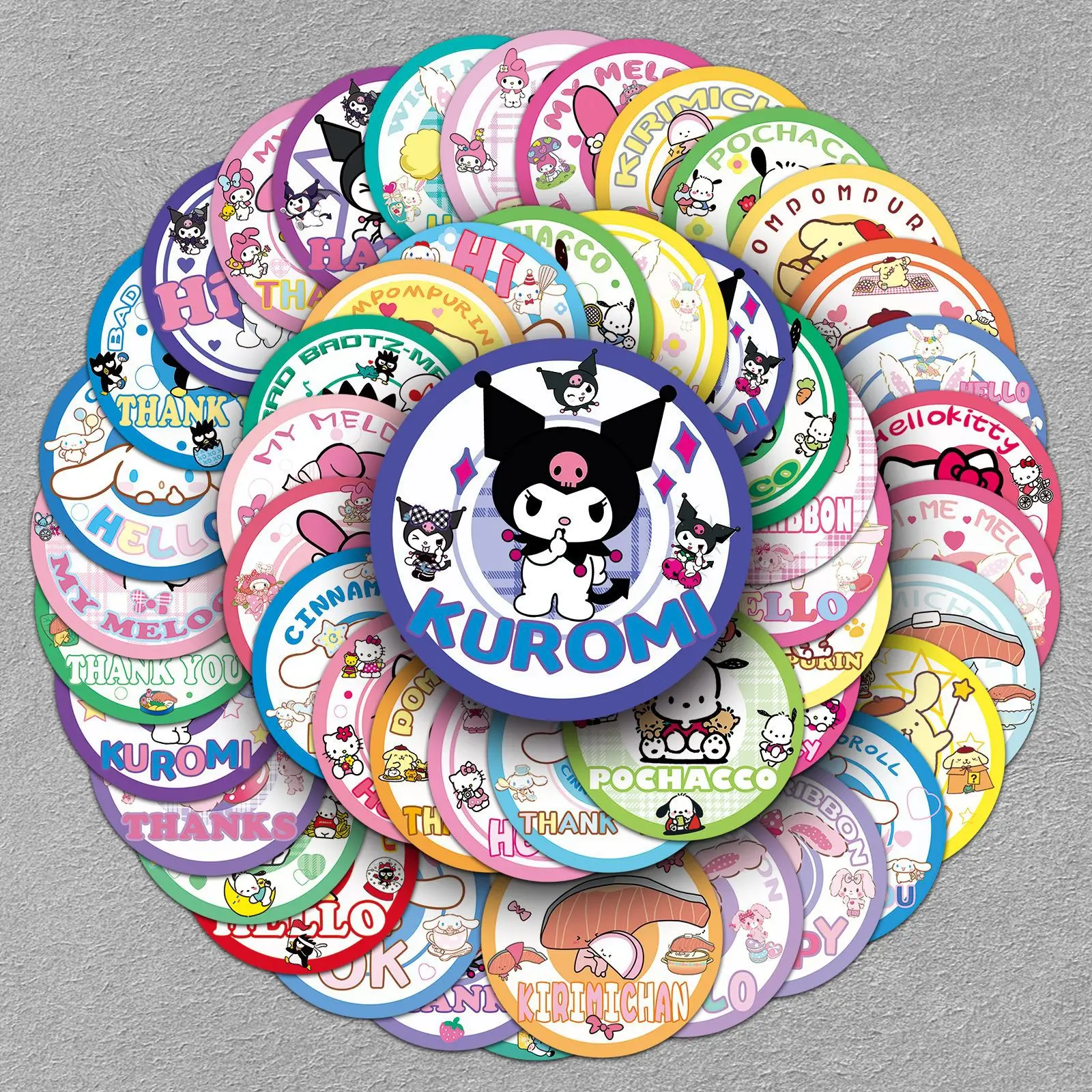 50Pcs/Set Sanrio Badge Stickers Cartoon Cute Kuromi Cool Penguin Waterproof Decoration Round Sealing Stickers