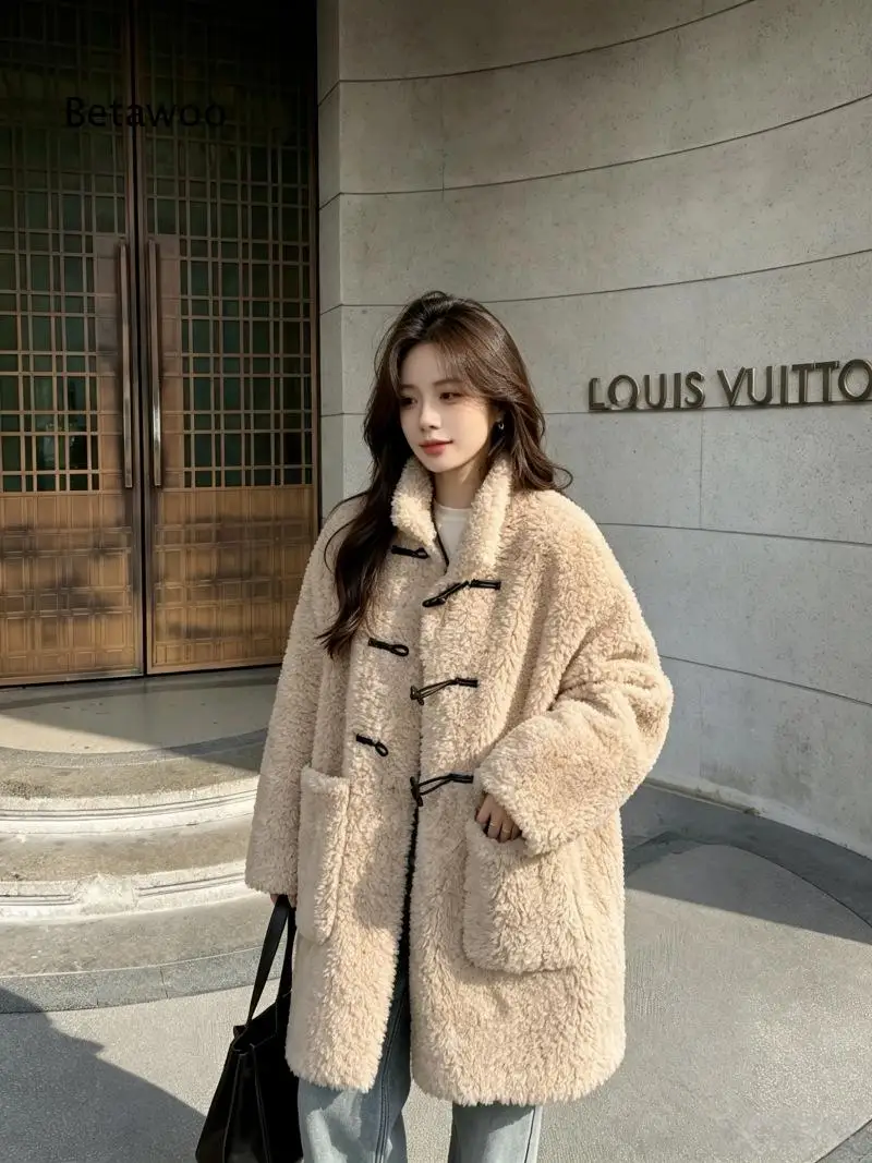 Womens mid length sheep wool faux fur overcoat horn button closure integrated fur design soft warm outerwear fashionable coat