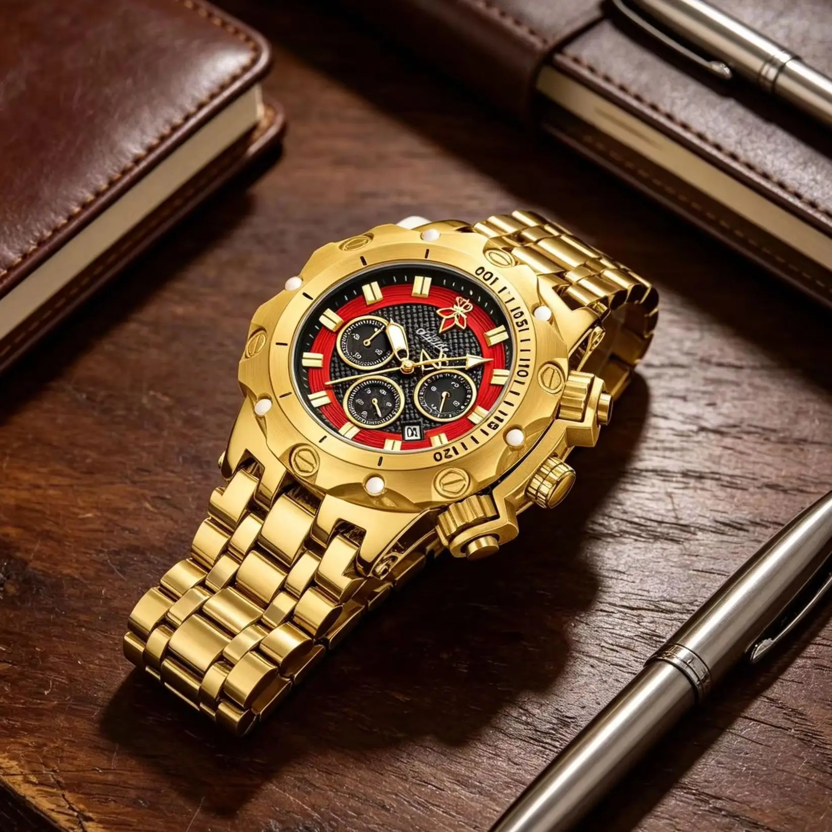

YaLaLuSi Men's Fashion Sport Watch, Waterproof Chronograph Quartz Wristwatch, Gold & Red Dial, Free Shipping
