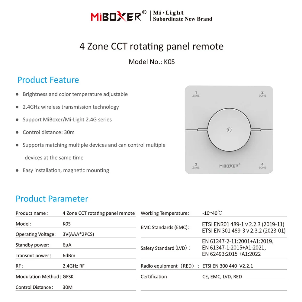 Miboxer K0S 2.4GHZ 86 Knob 4 Zone Panel Remote Adjust Color Temperature Brightness Dual white LED Dimmer Switch Controller