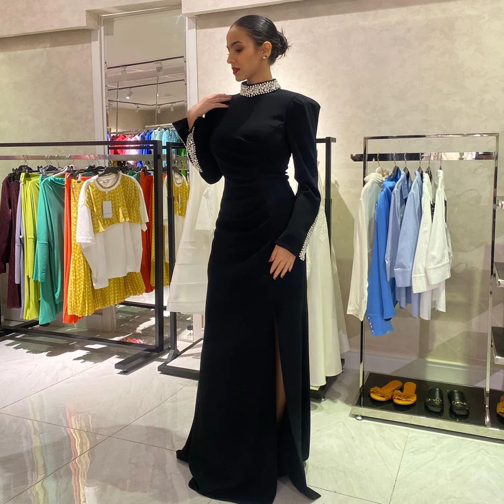 

Customized Elegant Black Mermaid Ball Dress with High Collar, Long Sleeve Beads, Floor Dragging, Long Side Seam Evening Dress