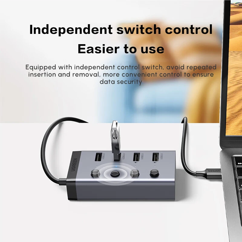 محور USB 3.0 يعمل بالطاقة UGREEN، محول USB ذو 7 منافذ مع 4 منافذ شحن ذكية، مقسم USB مع مفاتيح تشغيل/إيقاف LED فردية