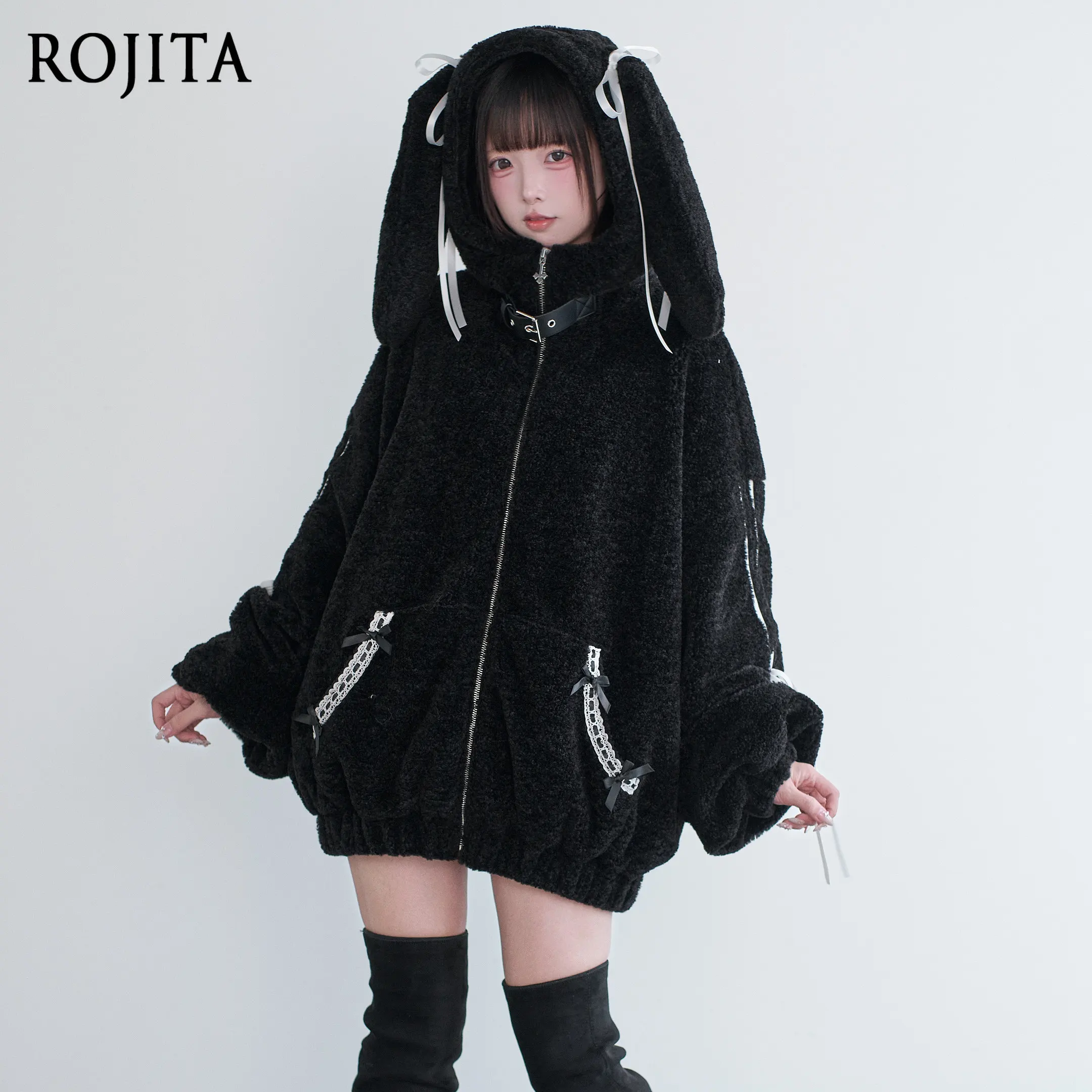 Black Fluffy Fleece Zip Up Hoodie Long Bunny Ears White Ribbon Bow Decor Metal Buckle Neck Strap Oversized Harajuku Jacket