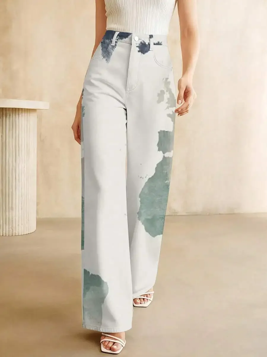 Elegant Plus Size Watercolor World Map Denim Pants