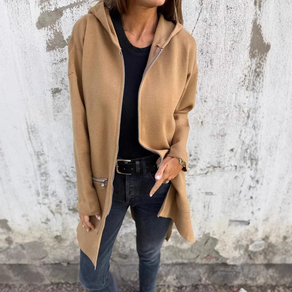 

2024, осенне-зимняя однотонная повседневная куртка с капюшоном и длинными рукавами на молнии, пальто