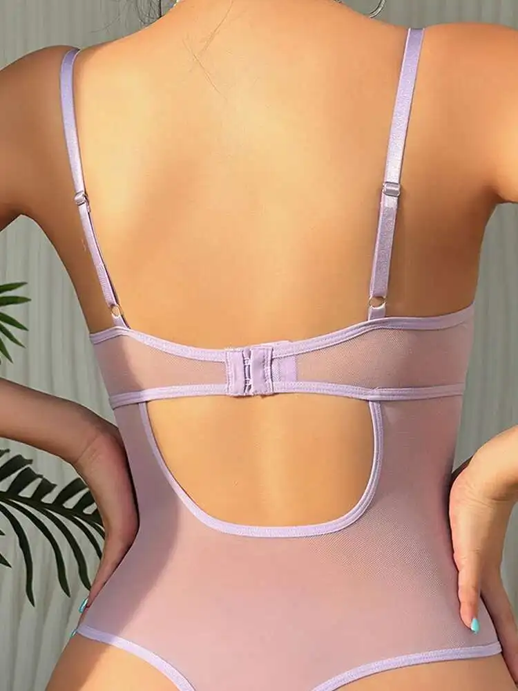 เซ็กซี่โปร่งใสลูกไม้ตาข่ายดอกไม้เย็บปักถักร้อยBackless Deep V SuspendersชุดแขนกุดCharmingสบายๆบางMZJZ