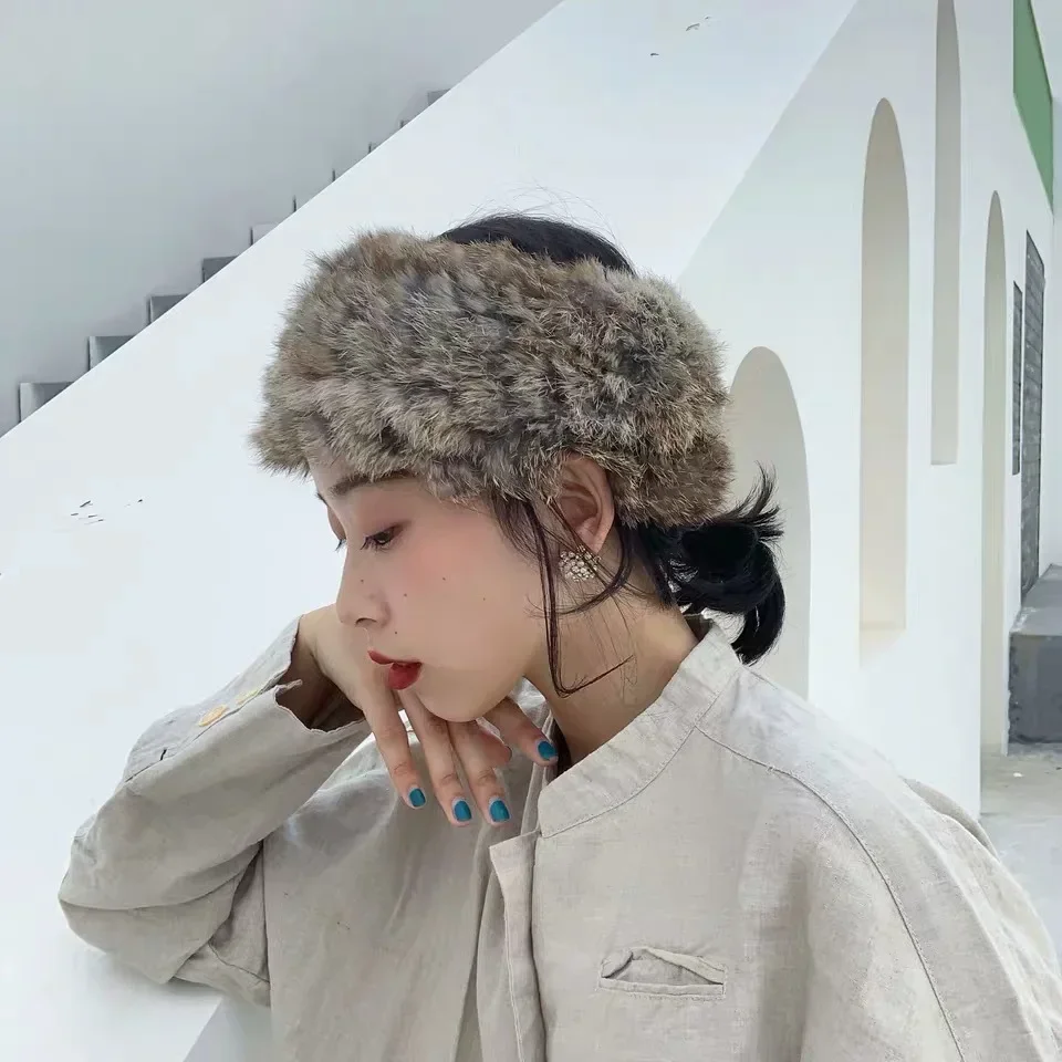 2027 Korean Ins Female Fashion Elastic Rabbit Fur Headband Autumn and Winter Warm Plush Headband Knitted Fur Hat