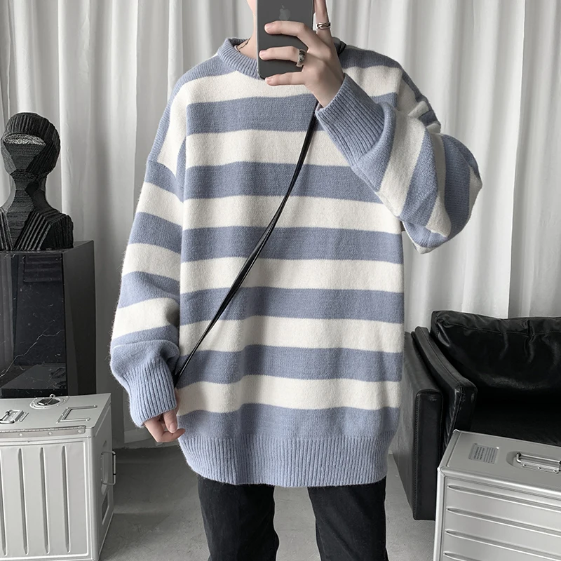 2024 Men\'s Winter Sweater Harajuku Fashion Striped Sweter Oversize Pullover Warm Knitted Sweater Men\'s Clothing