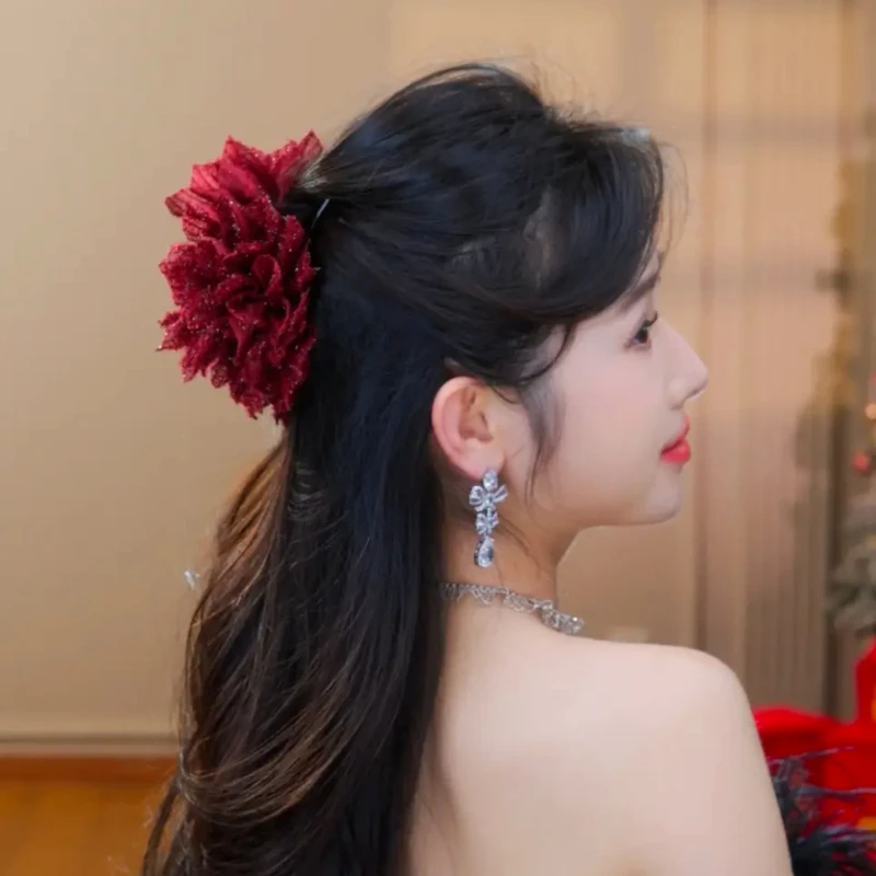 

Women New Headwear Fashionable Temperament Flower Hair Clips Female Ponytail Headdress Hair accessories Shiny Silk Hair Claws