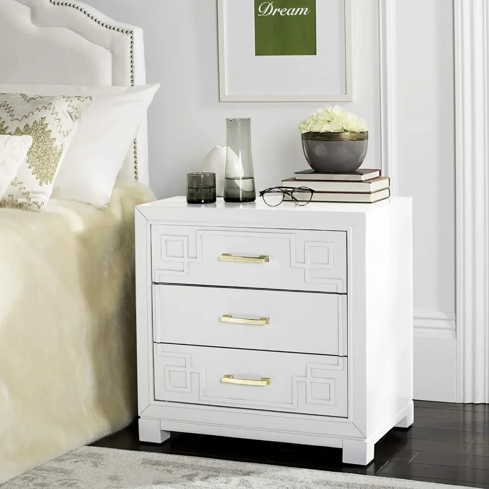 Medieval Modern White 3-drawer Greek Key Bedside Table Made of Rubber Wood Adds Freshness Bedroom Furniture