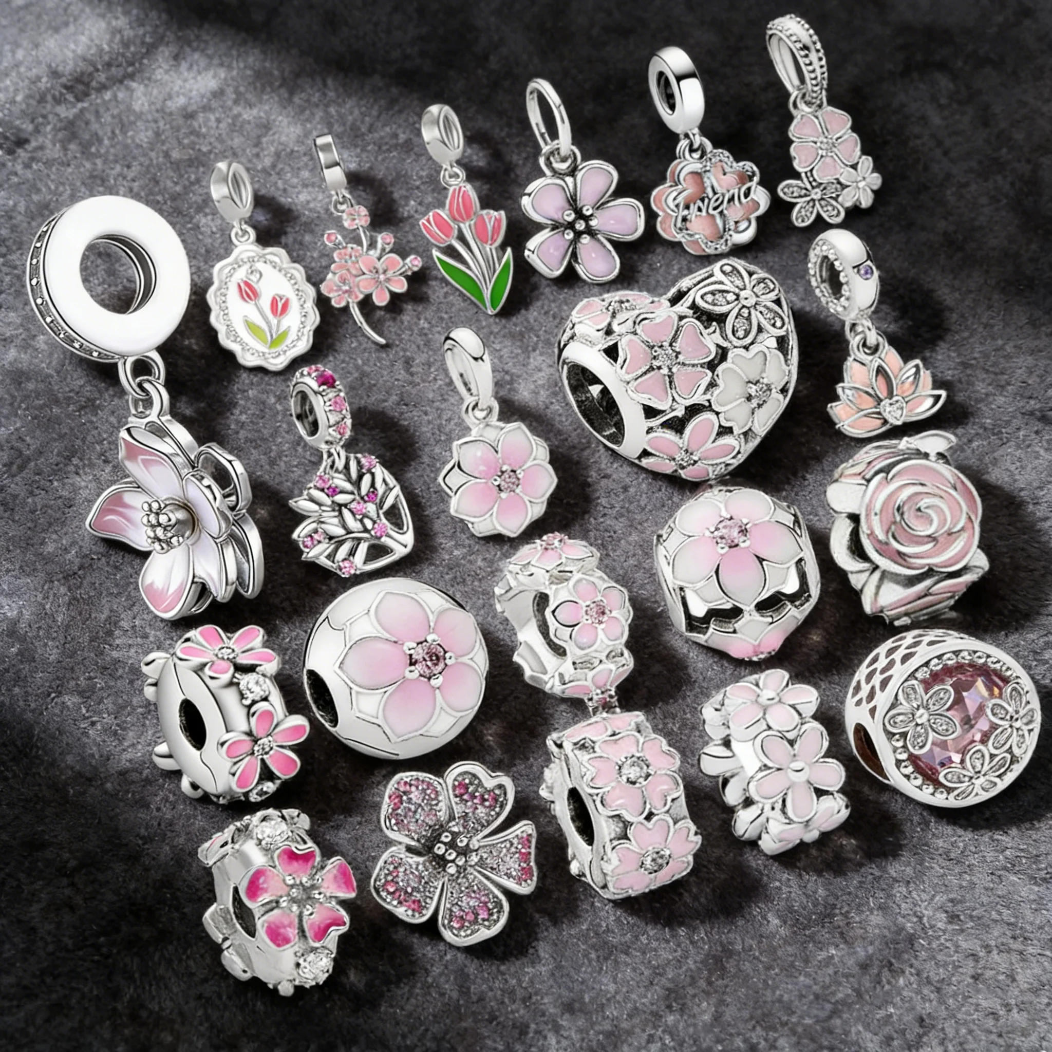 

2026 Hot Sale Pink Flowers Series Charm Bead Daisy Flower Clip Cherry Blossom Rose Fit Dangle Original Bracelets DIY JewelryGift
