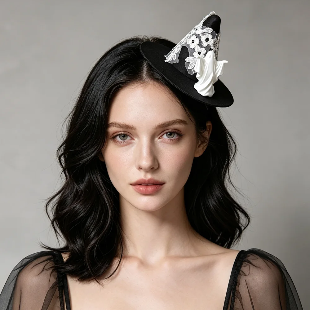 Fashion Halloween Mini Witch Hat Hair Clip Cute Ghost Lace Decor Women Cosplay Headwear Holiday Party Costume Accessory Outdoor