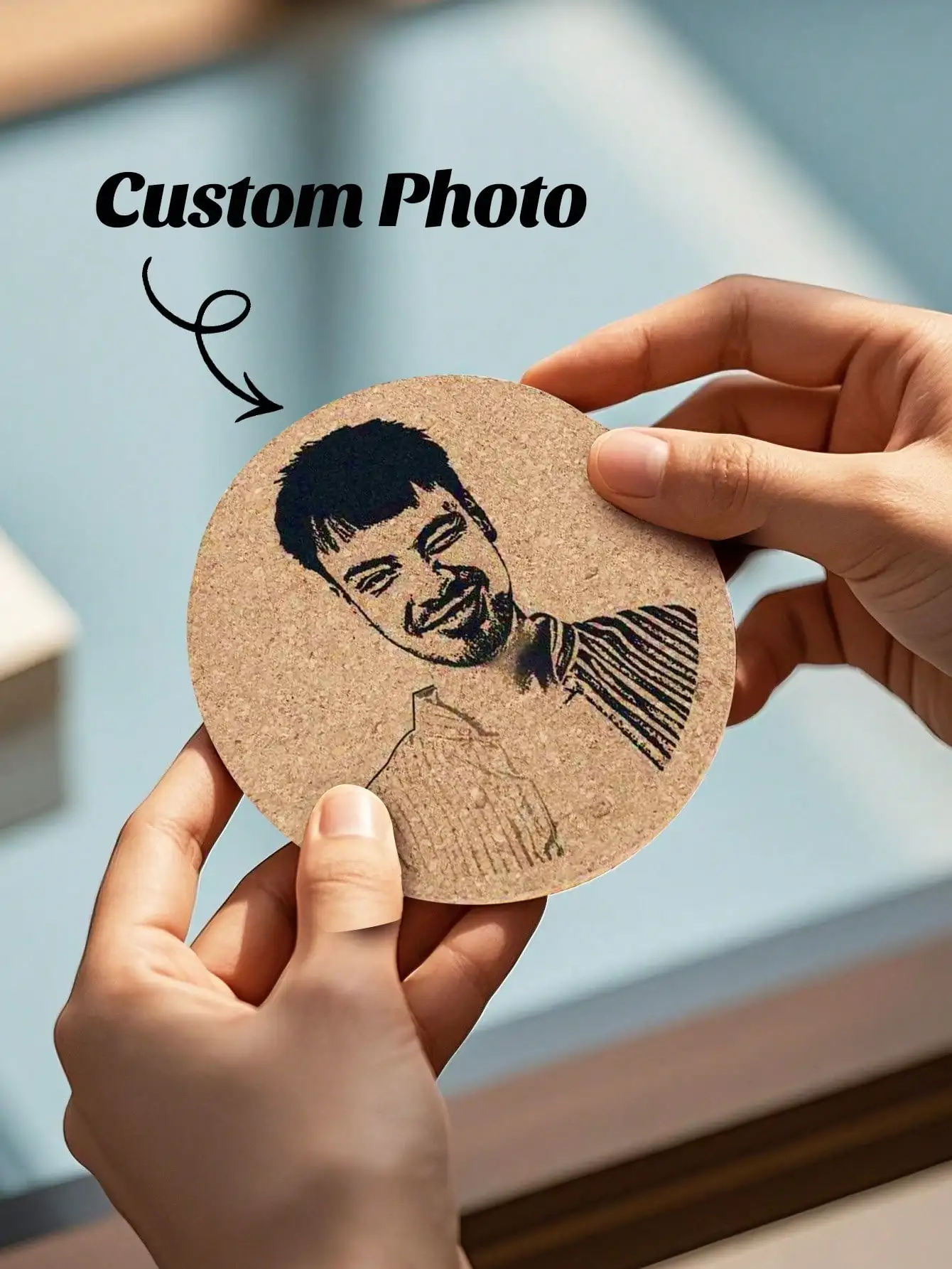 1pc Custom Cork Coaster Personalized Photo Text Sketch Effect Gift For Engagement Wedding Couple Anniversary Father Mother Day