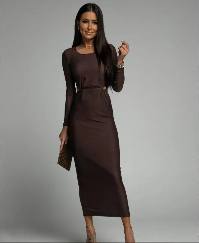 Spring Summer New Fashion round Neck Striped Print Slim Fit Belly Baring Long Sleeve Dress One Step Skirt Women's Clothing