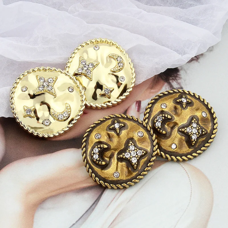 6PCS Retro Rhinestone Star Moon Metal Button High-end Women\'s Sweater Clothing Decoration Big Button