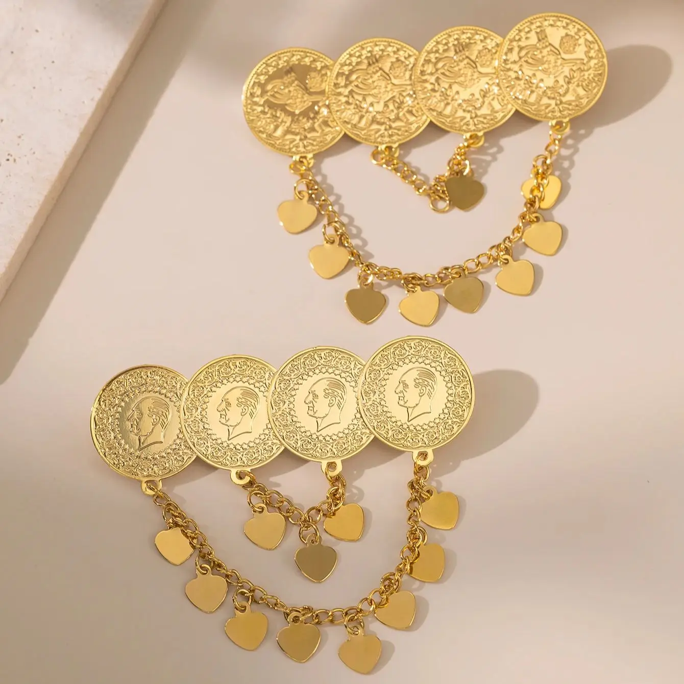 Gold Plated Kurdish Turkish Coin Brooch Arabic Totem Design Bridal Dress Accessory for Women Middle East Wedding Fashion