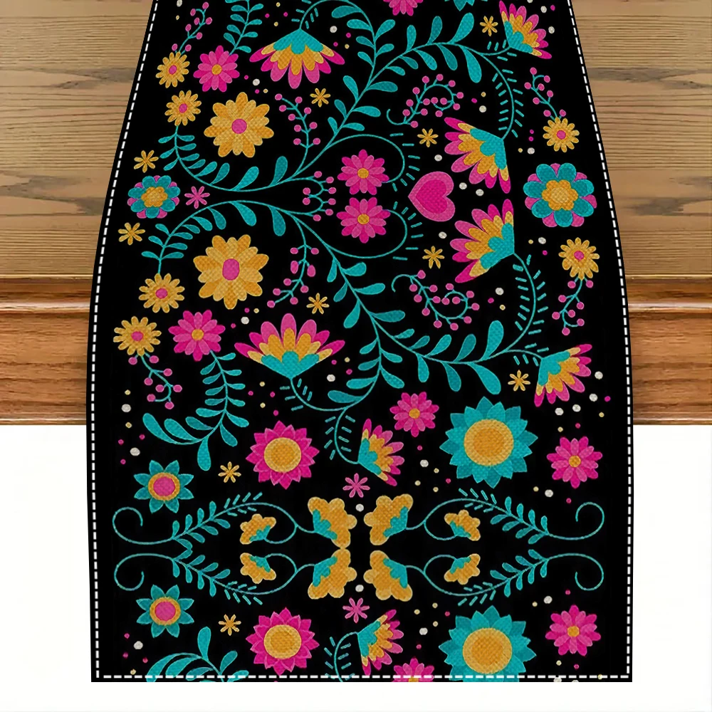 1pc, Table Runner, Festive Mexican Style Table Runner, Polyester Vibrant Day Of The Dead Design, Colorful Home & Party Decor