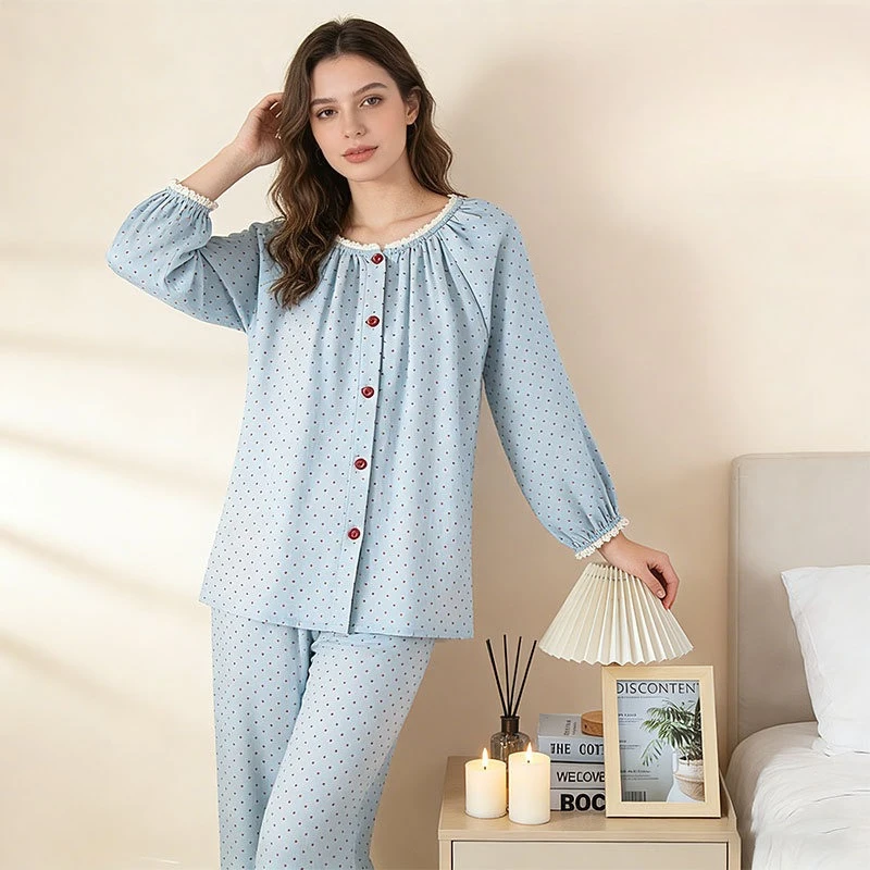 

Women's All-Season Pure Cotton Polka Dot Lounge Set, Loose Fit Soft Breathable Sleepwear Pleated Top, Lace Neck & Elastic Cuffs