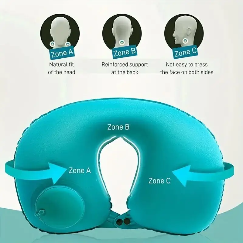 Neck Support Press on Inflatable Pillow to Relax Neck Travel U-shaped Pillow Foldable and Portable with Leak Proof Device