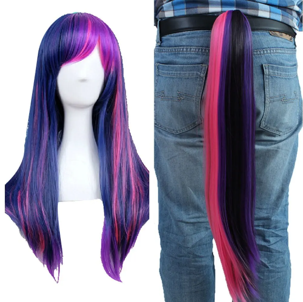 Purple-Pink Gradient Rainbow Scene Ponytail Headband Multi-Color Synthetic Fiber Anime Character Cosplay Wig Party Choice