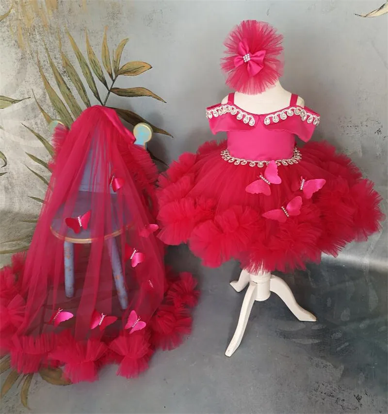 Red Puffy Ball Gown Baby Girl Dresses Off the Shoulder Kids Birthday Dress Tulle Big Bow Girls Christmas Gown Size 1-14Y