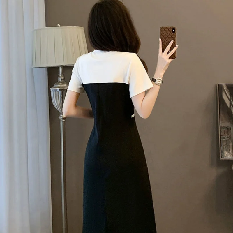 Estate nuovo temperamento elegante moda stampato impiombato cerniera pendolare Versatile scollo a v manica corta a-line abito di media lunghezza